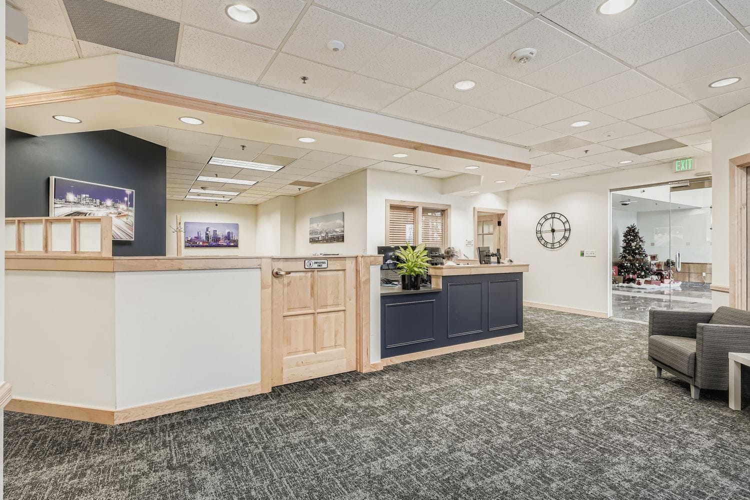 Modern business office reception area with professional design and welcoming atmosphere.