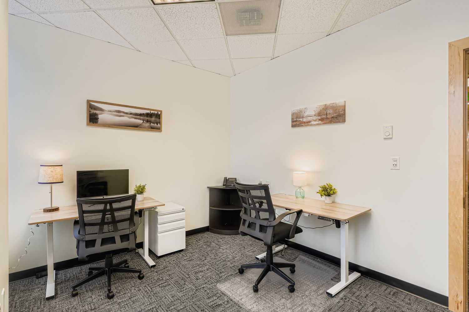 Modern office workspace with dual desks, ergonomic chairs, and neutral decor for flexible business use.