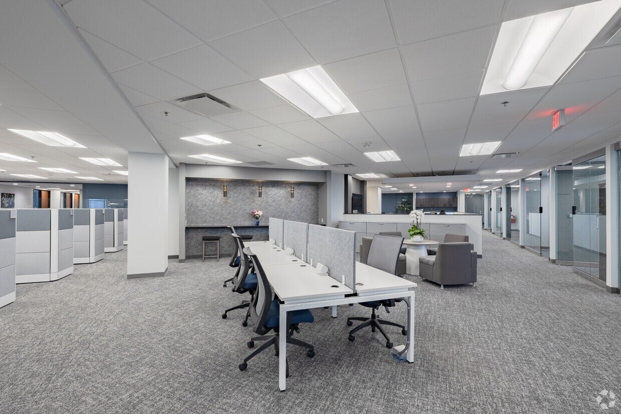 Modern coworking office space with workstations, meeting areas, and private offices for flexible business needs.
