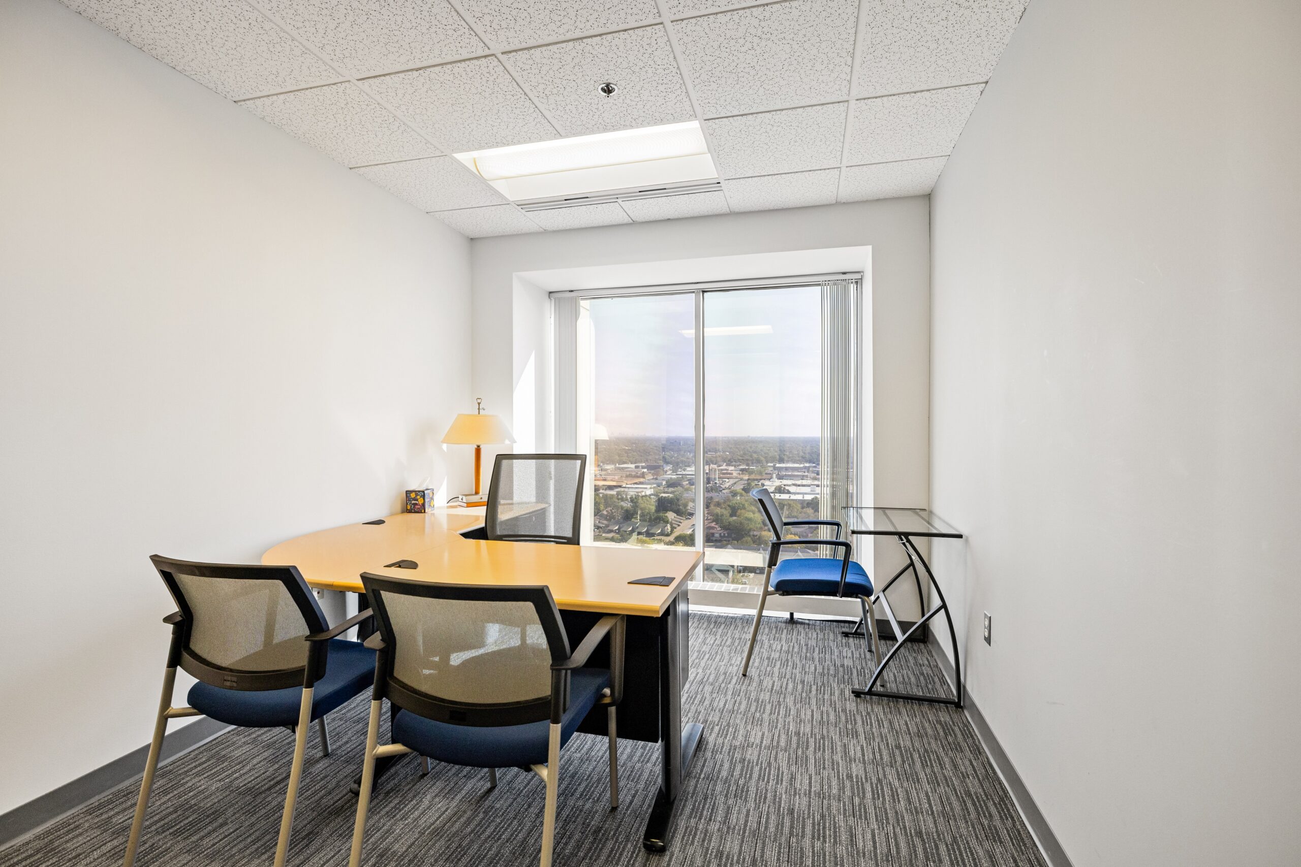 Flexible office space at Intelligent Office in Troy with modern furniture and city views.