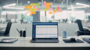 Intelligent office workspace with laptop and office supplies in modern conference room.