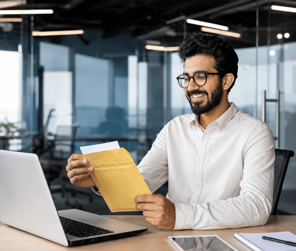 Professional man opening a mail envelope while working at a laptop in a modern office.