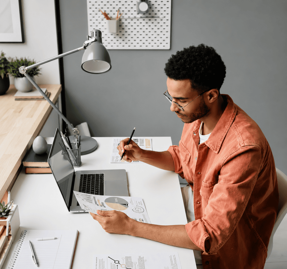 Professional reviewing business reports while working on a laptop in a modern office.