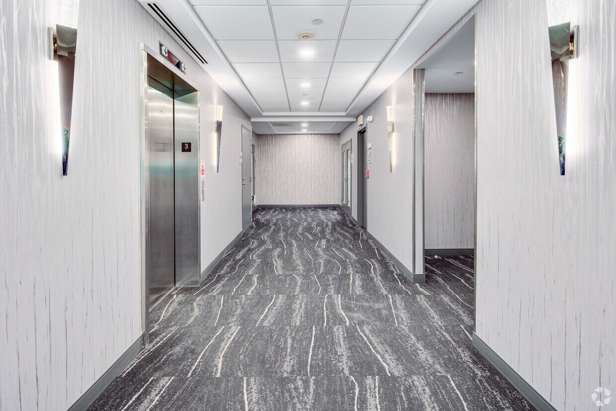 Elevator lobby in a professional office setting with sleek design and lighting.