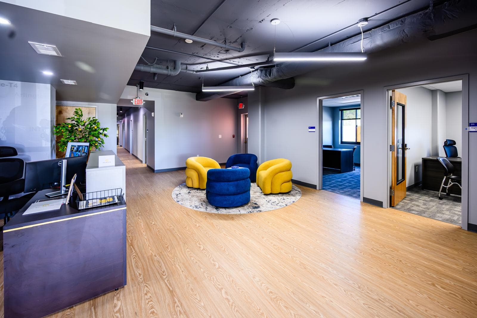 Office lounge area featuring colorful modern chairs and a cozy rug, ideal for relaxation and informa.